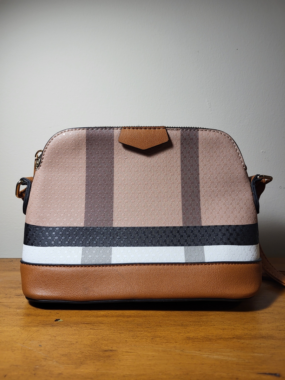 Striped Tan & Pink Crossbody Bag with Faux Leather Trim